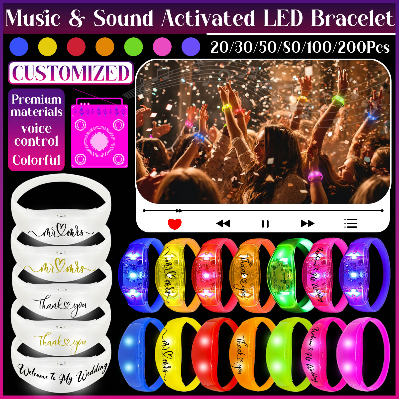 Musical Instrument Jewelry - 20-200 stuks muziek en geluidsgeactiveerde LED-armbanden